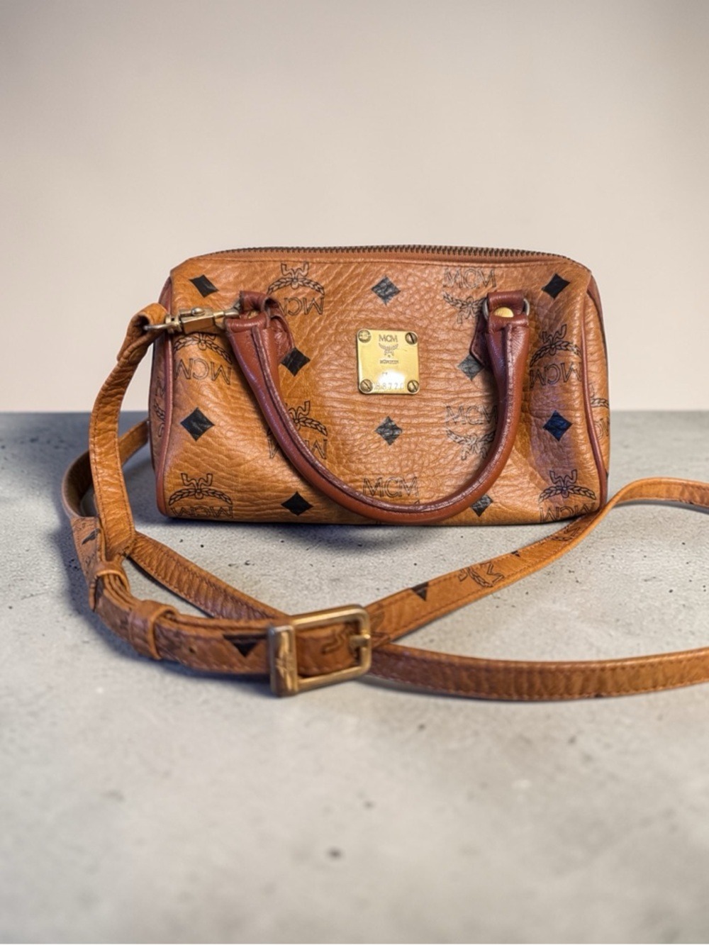 MCM Cognac Visetos Mini Crossbody Satchel with Gold Hardware
